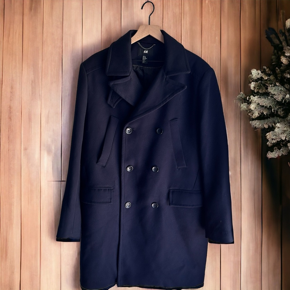 H&M double breasted navy blue winter pea coat trench overcoat - size 46R